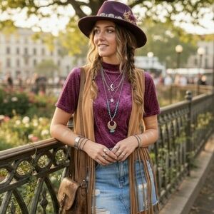 Amanda Green Plum Burnout Velvet Paisley Mock Neck Festival Top M